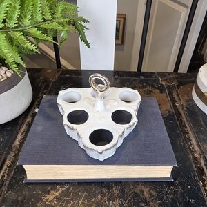 Vintage Porcelain 6-Egg Caddy w/ Handle | White & Gold Trim Victorian Server